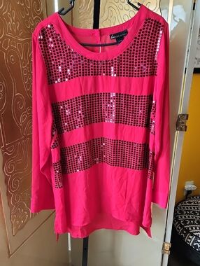 Lane Bryant Red Sequin-Striped Long Sleeve Top